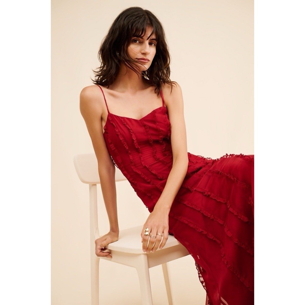 Red Maxi Slip Dress with Ruffle Texture
